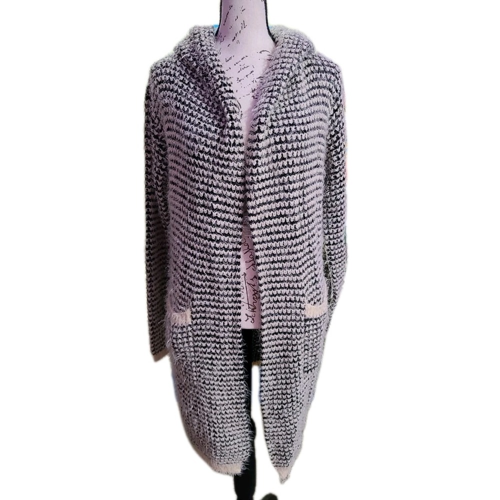 Ellie Kate Fuzzy Knit Hooded Cardigan Sweater‎ Coat One Size Open Front Longline